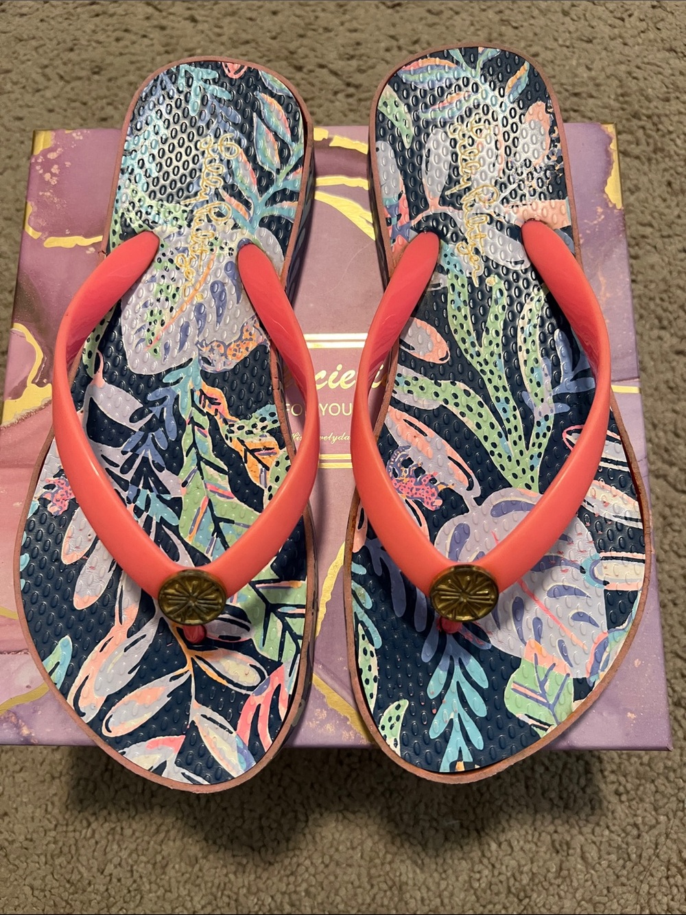 Lilly Pulitzer Navy Tropical Flip Flops with Coral Straps